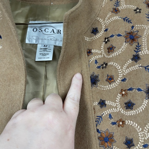 Vintage Oscar de la Renta Embroidered Camel Hair Collarless Jacket Medium Boho - Picture 4 of 9